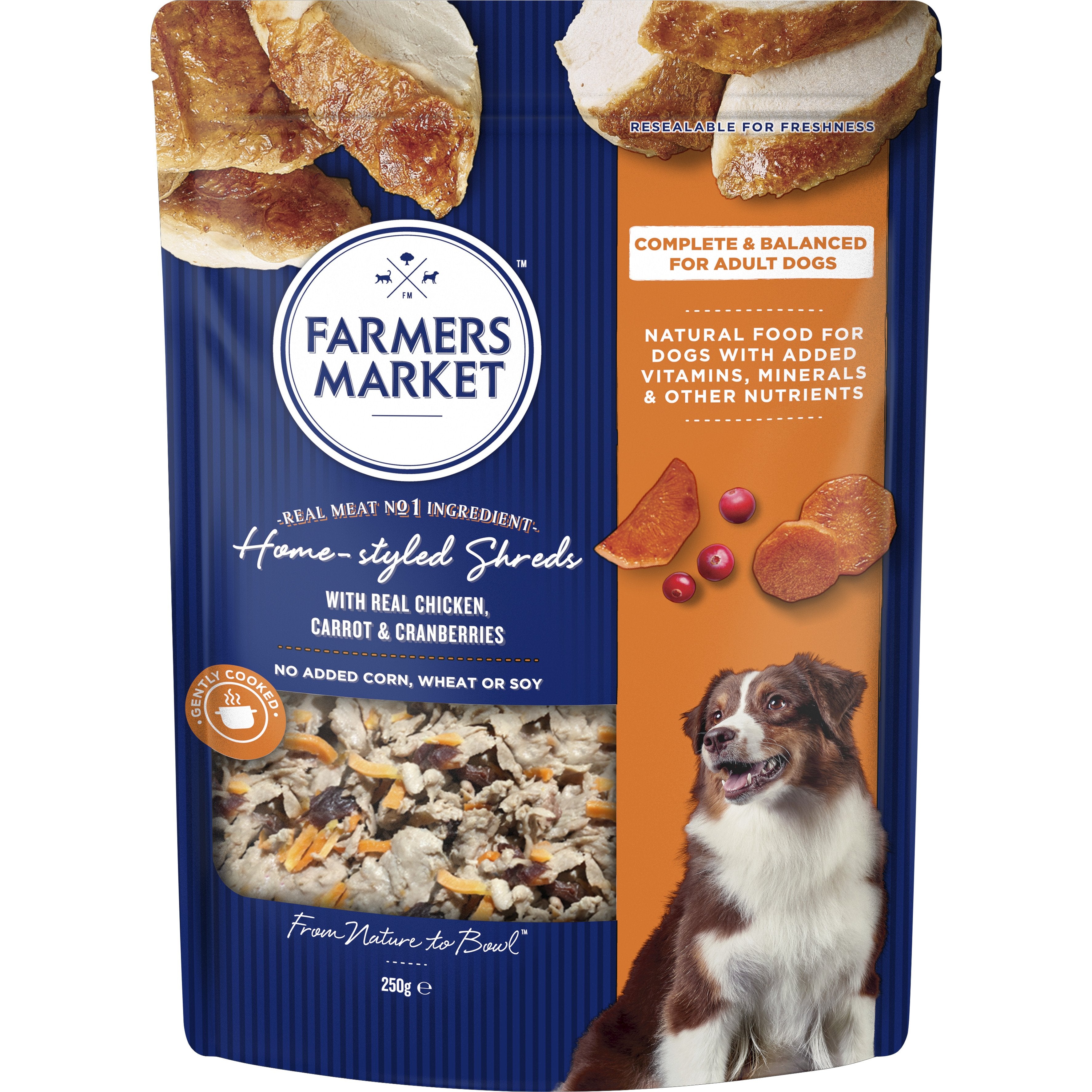 Farmers Market Home-Styled Shreds with Chicken Carrots and Cranberries Chilled Dog Food